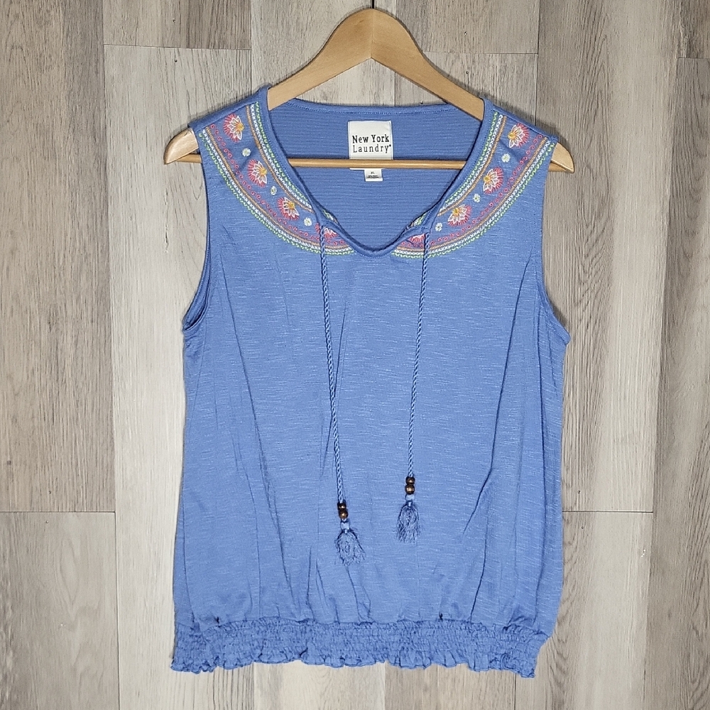 New York Laundry Womens XL Sleeveless‎ Blouse Embroidered Tassel Boho Tank Blue